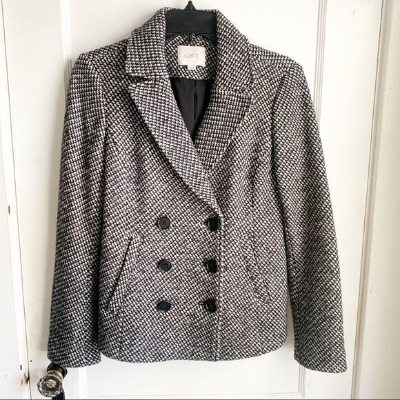 LOFT Cotton Wool Blend Double Breasted Peacoat Winter Pea Coat Buttons XS Black - Picture 1 of 16